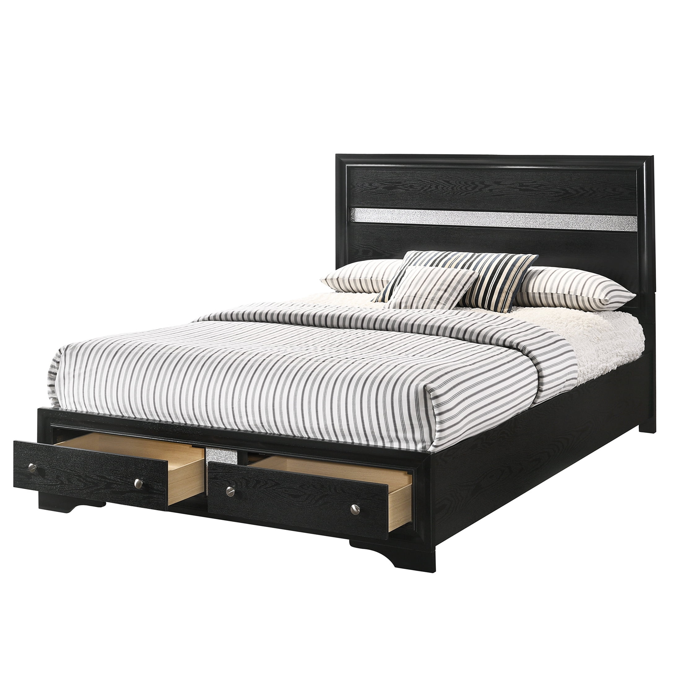 King Size Storage Platform Bed with Drawers, Modern Black Frame and Silver Headboard, No Box Spring Required