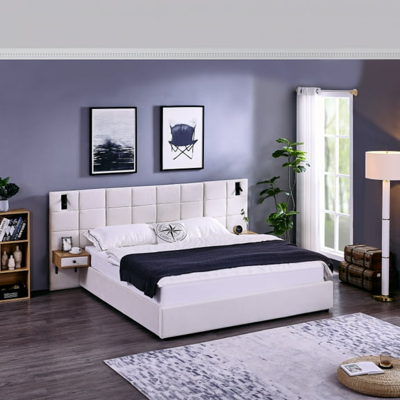 King Size Storage Velvet Upholstered Hydraulic Platform Bed with 2 Shelves, 2 Reading Lamps and USB Port, Beige