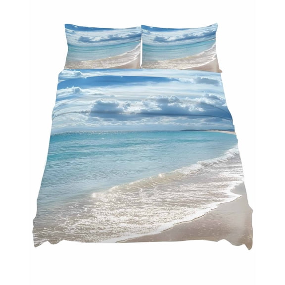 King Size Summer Beach Sheet Sets Ocean Waves Sky Cloud Scenery Shore Soft Breathable Microfiber Bed Sheets Deep Pockets 4 Piece Bed Sheets Set, 1 Fitted Sheet, 1 Flat Sheet & 2 Pillowcases
