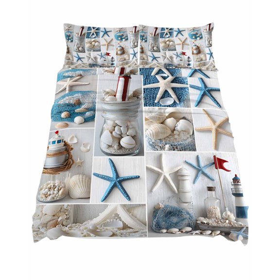 King Size Summer Nautical Sheet Sets Starfish Shell Lighthouse Fishing Net Soft Breathable Microfiber Bed Sheets Deep Pockets 4 Piece Bed Sheets Set, 1 Fitted Sheet, 1 Flat Sheet & 2 Pillowcases