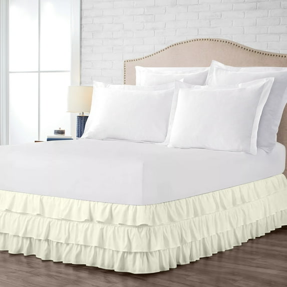 King Size Tailored Drop Multi Ruffled Solid Bed Skirt with Adjustable Elastic Belt Microfiber Fabric Fade & Wrinkle Resistant Bed Frame Cover Easy to Fit & Care (20 Inch Drop, Ivory)