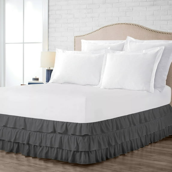 King Size Tailored Drop Multi Ruffled Solid Bed Skirt with Adjustable Elastic Belt Microfiber Fabric Fade & Wrinkle Resistant Bed Frame Cover Easy to Fit & Care (9 Inch Drop, Dark Gray)