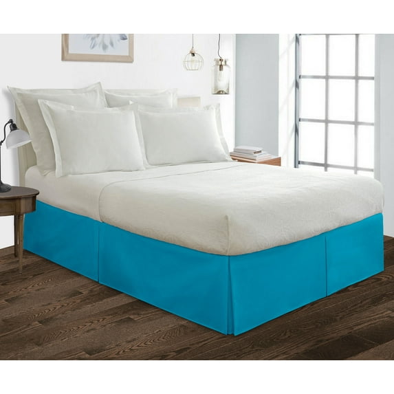 King Size Tailored Drop Pleated Solid Bed Skirt with Adjustable Elastic Belt Microfiber Fabric Fade & Wrinkle Resistant Bed Frame Cover Easy to Fit & Care (19 Inch Drop, Turquoise Blue)