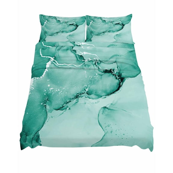 King Size Teal Abstract Sheet Sets Silver Marble Ripples Clouds Luxury Fluid Art Soft Breathable Microfiber Bed Sheets 4 Piece Bed Sheets Set, 1 Fitted Sheet, 1 Flat Sheet & 2 Pillowcases