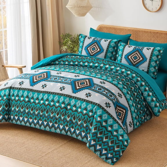 King Size Teal Comforter Set, 7 Pieces Boho Bed in a Bag, All-Season Bedding Set with Sheets & Pillow Shams, Bohemian Geometric Striped Pattern
