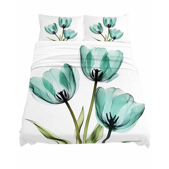 King Size Teal Floral Sheet Sets Teal Tulips Green Leaf Transparent Plant Soft Breathable Microfiber Bed Sheets Deep Pockets 4 Piece Bed Sheets Set, 1 Fitted Sheet, 1 Flat Sheet & 2 Pillowcases