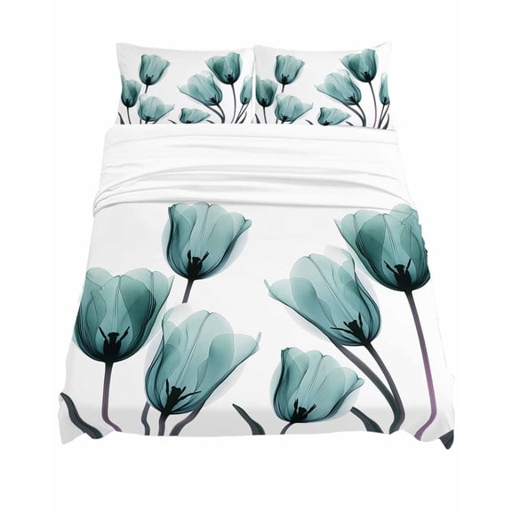 King Size Teal Tulip Sheet Sets X-ray Flower Transparent Floral Plant Soft Breathable Microfiber Bed Sheets Deep Pockets 4 Piece Bed Sheets Set, 1 Fitted Sheet, 1 Flat Sheet & 2 Pillowcases