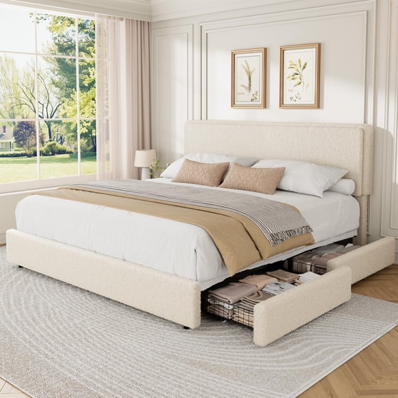 King Size Teddy Fleece Bed Frame, Upholstered Platform Bed with 2 Storage Drawers, Height Adjustable Cloud Headboard, Thick Soft Teddy Fabric Bed, Modern Style, No Box Spring Required, Cream