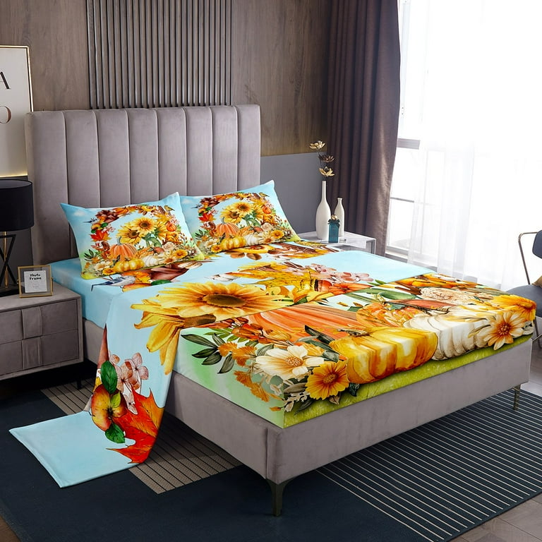 King Size Thanksgiving Sheet Set Sunflower Accessories Sheets Kids Fall Decorations for Home Bed Sheets Set Autumn Decorations Fall Leaves Flat