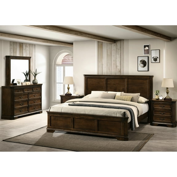 King Size Traditional Bedroom Furniture With Dresser, Mirror & 2 Night Tables Walnut For Bed Nightstands In Antique Walnut, American Style And Distressed Finish