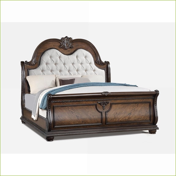 King Size Traditional Faux Leather Tufted Headboard Sleigh Bed - Coffee Brown for Master Bedroom