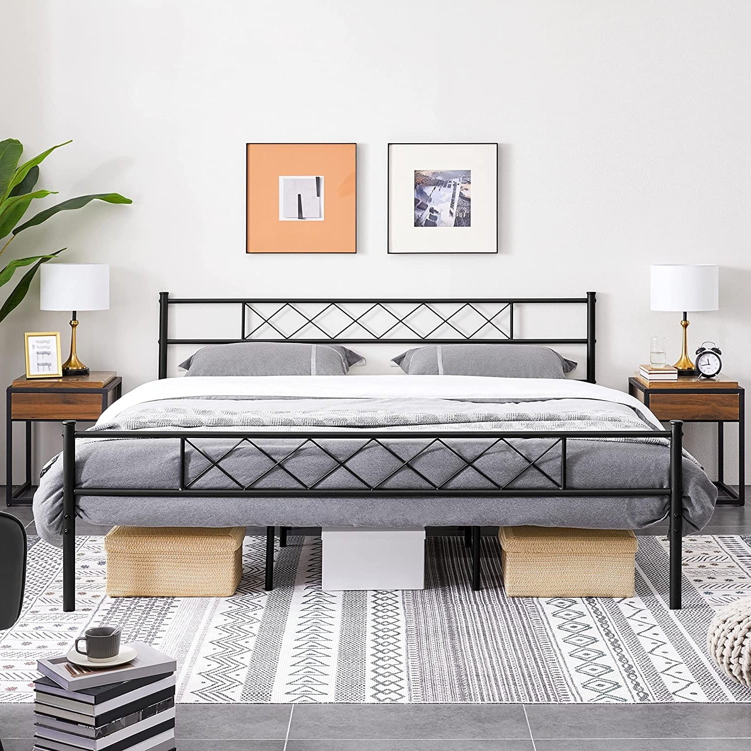 View of King Size Traditional Powder Coated Slatted Metal Platform Bed ...