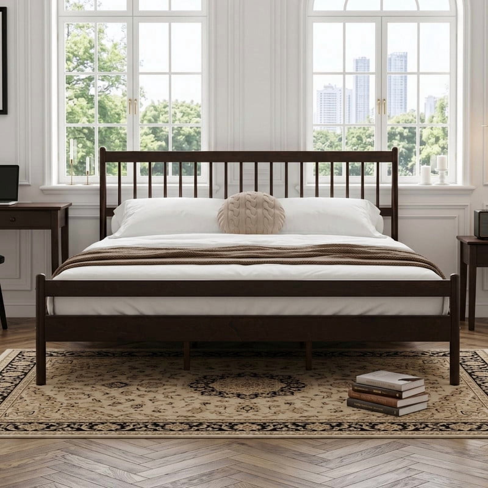 King Size Traditional Style Low Profile Platform Bed with Headboard and Footboard, Wood Bed Frame with Rounded Bedpost