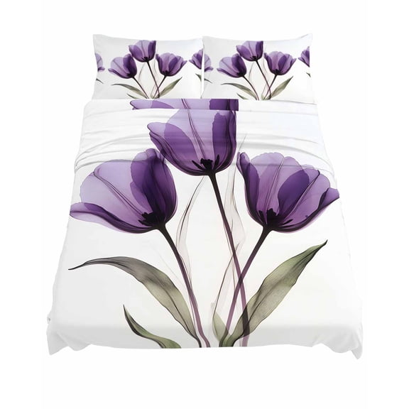 King Size Transparent Effect Floral Sheet Sets Delicate Purple Tulip Soft Breathable Microfiber Bed Sheets Deep Pockets 4 Piece Bed Sheets Set, 1 Fitted Sheet, 1 Flat Sheet & 2 Pillowcases