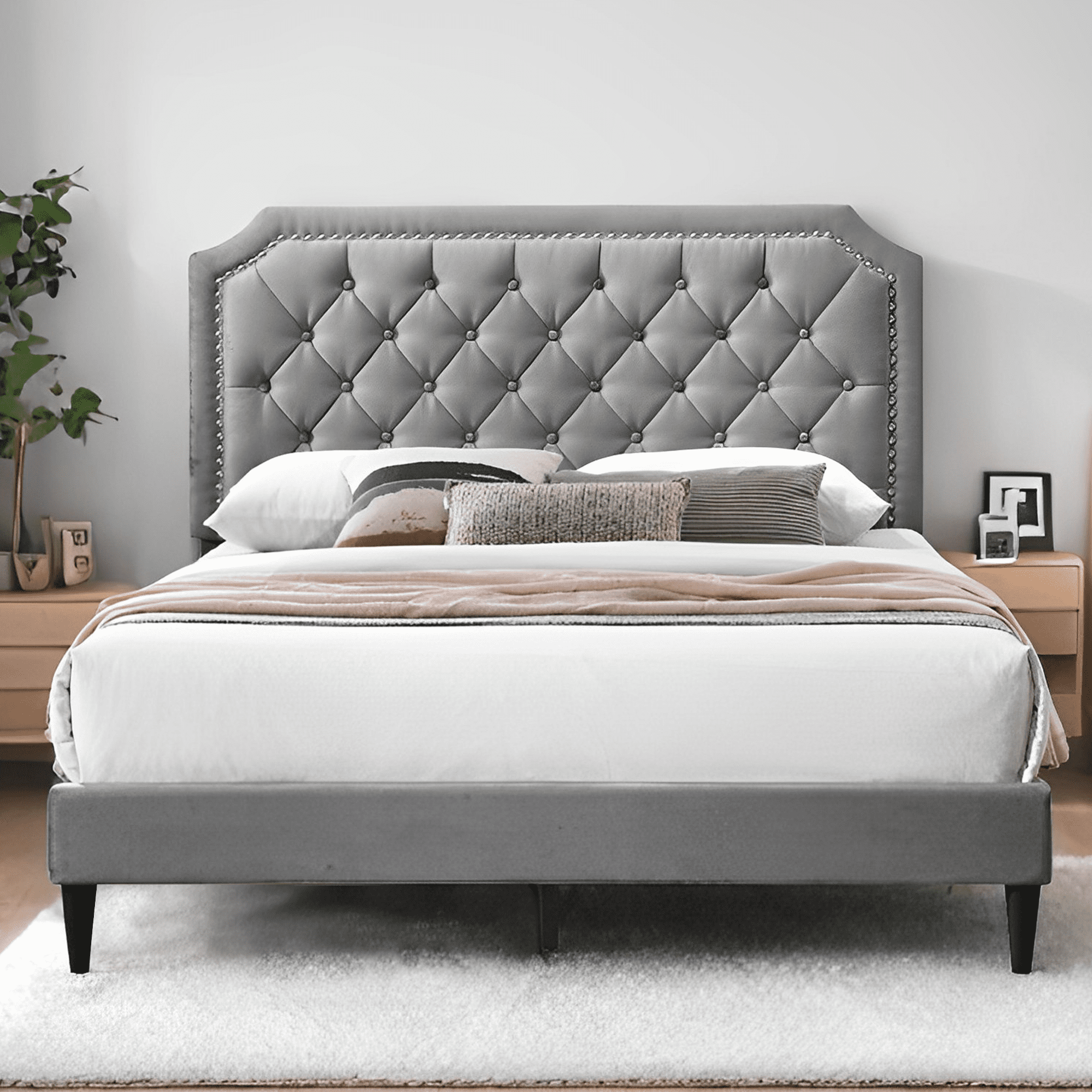 King Size Tufted Platform Bed Frame, Bed Frame with Fabric Upholstered ...