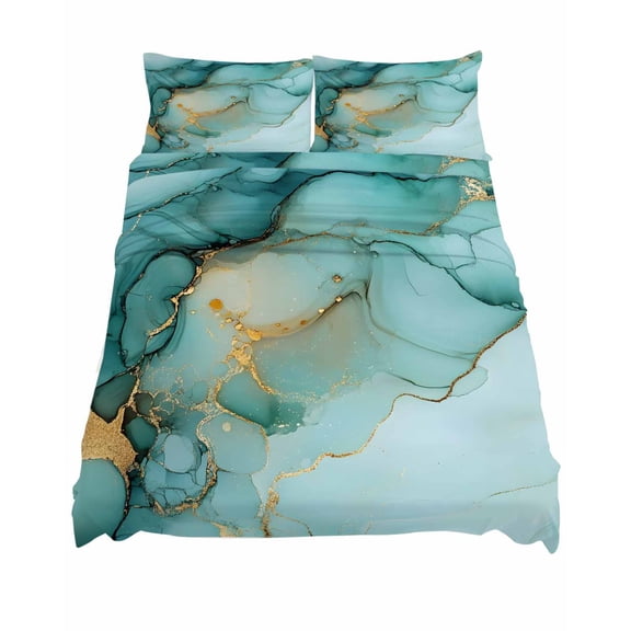 King Size Turquoise Marble Sheet Sets Modern Art Abstract Gold Texture Ombre Soft Breathable Microfiber Bed Sheets Deep Pockets 4 Piece Bed Sheets Set, 1 Fitted Sheet, 1 Flat Sheet & 2 Pillowcases