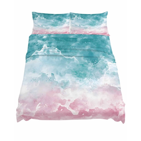 King Size Turquoise Pink Ombre Sheet Sets Abstract Coastal Ocean Waves Gradient Soft Breathable Microfiber Bed Sheets Deep Pockets 4 Piece Bed Sheets Set, 1 Fitted Sheet, 1 Flat Sheet & 2 Pillowcases