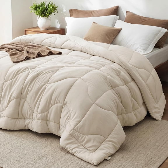 King Size Ultra-Soft Quilted Down Alternative Comforter with Prewashed Microfiber Cover Cream 90 x 102 Inches