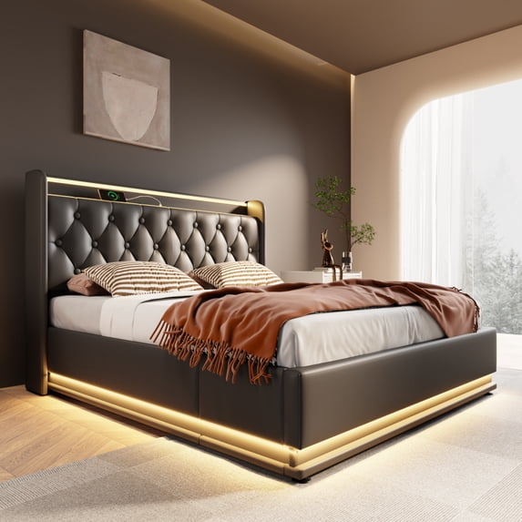 King Size Upholstered Bed with 360 Surround LED Function, PU Leather Bed Frame with Buttons/Apps/Remote Control, Hydraulic Storage Bed with Charging, Black (Without Mattress)