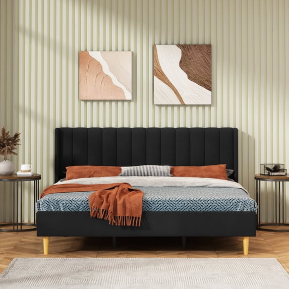 King Size Upholstered Bed Frame,40.9" High Headboard,Strong Metal Frame,Wooden Slats Support,No Box Spring Needed,Easy Assembly,Linen Fabric,Black