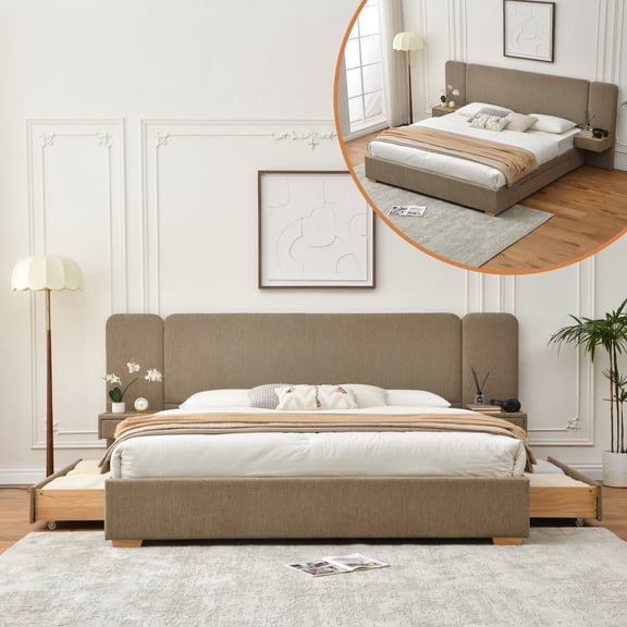 King Size Upholstered Bed Frame,40.9" High Headboard,Strong Metal Frame,Wooden Slats Support,No Box Spring Needed,Easy Assembly,Linen Fabric,Black