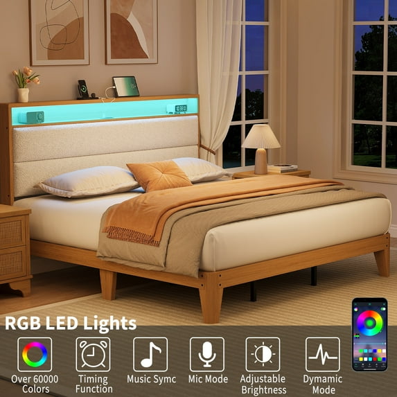 King Size Upholstered Bed Frame with LED Lights & Charging Station, Boucle Headboard Platform Bed with Wooden Slats, No Box Spring Needed, Easy Assembly,White