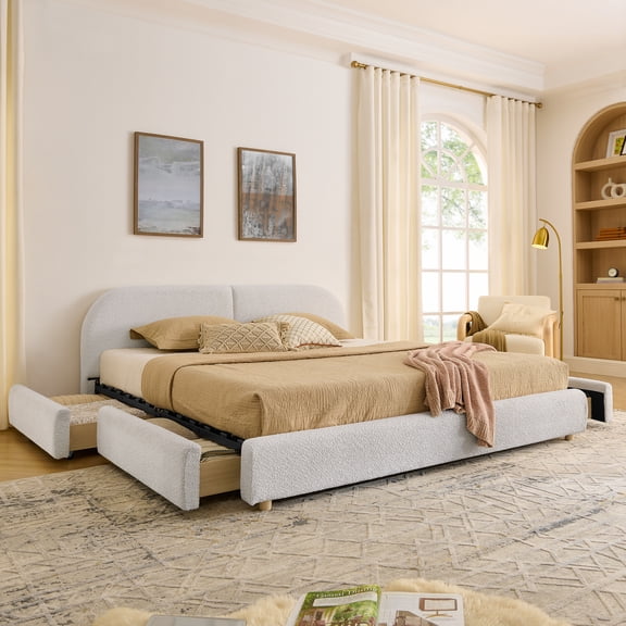 King Size Upholstered Bed Frame Modern Minimalist Style - Circle Yarn Fabric, Tall Curve