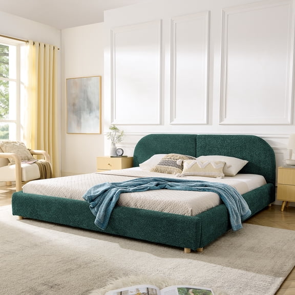 King Size Upholstered Bed Frame, Modern Minimalist Style with Tall Curved Headboard, Pre