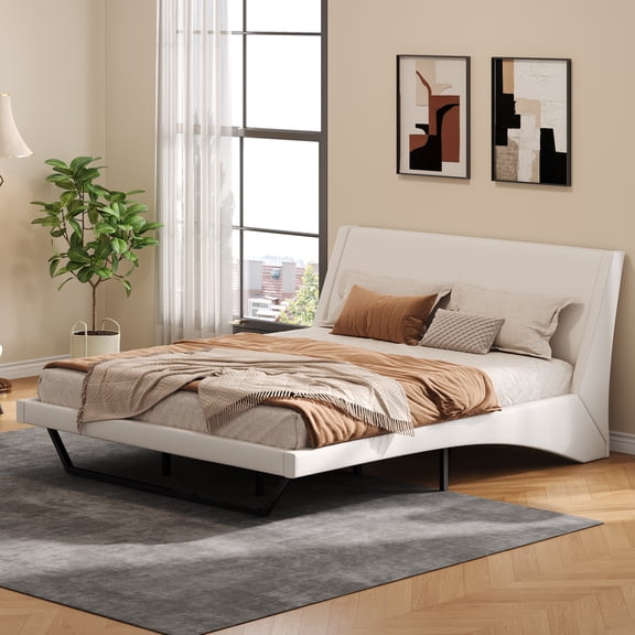 King Size Upholstered Bed Frame Pu Leather Platform Bed with Wave-Like Curve Design and Trapezoidal-Shaped Leg No Box Spring Needed White