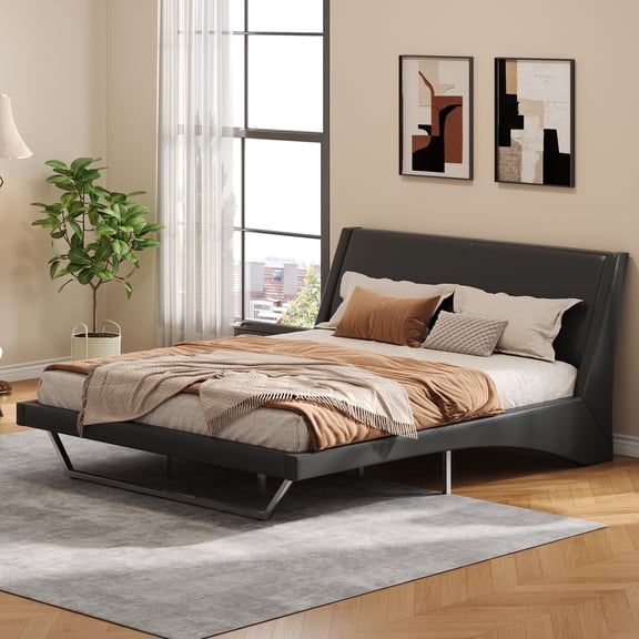 King Size Upholstered Bed Frame, Pu Leather Platform Bed with Wave-Like Curve Design and