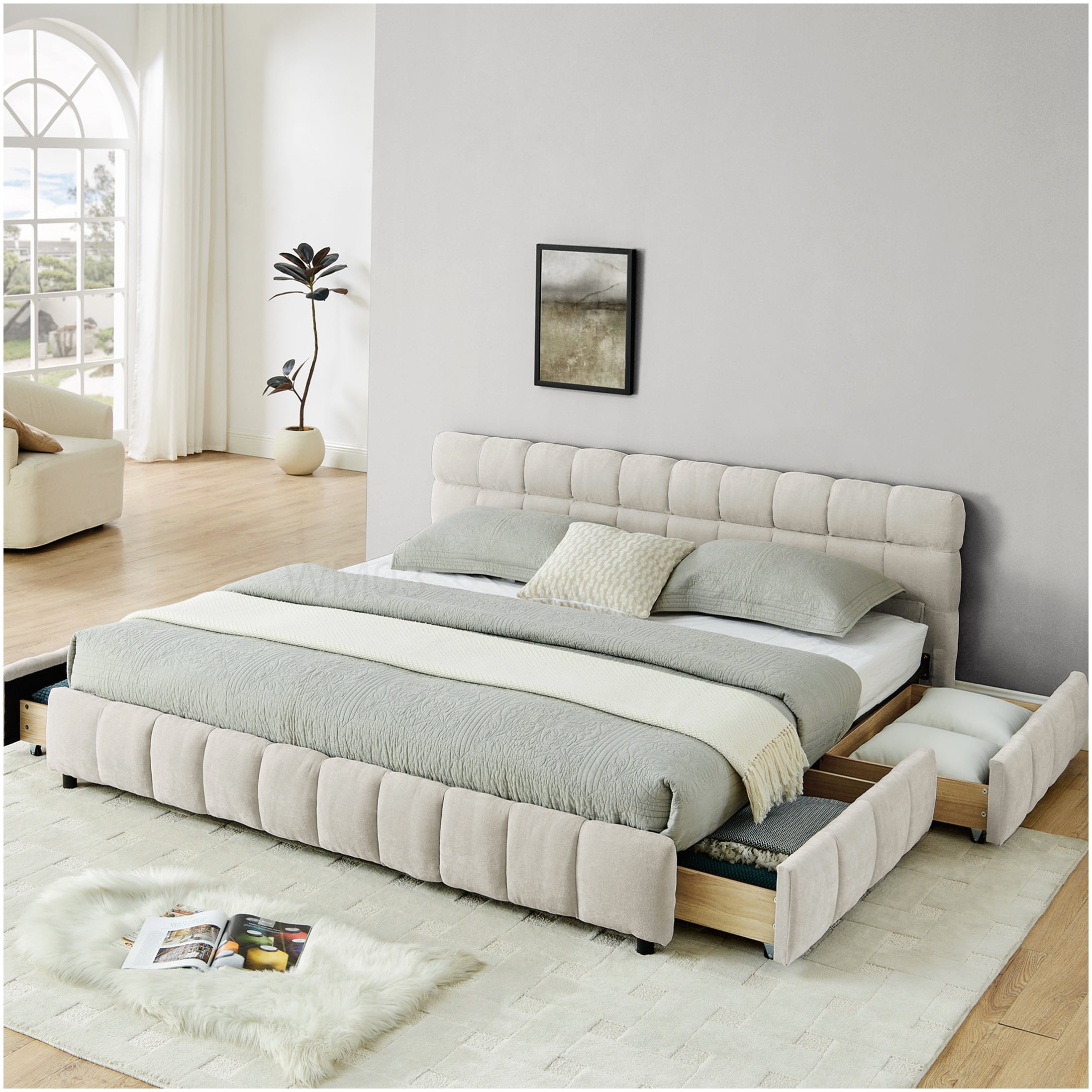 CHAMPFLAG Modern King Size Upholstered Bed with Storage Drawers, Soft Chenille Headboard Platform Bed Frame in Beige