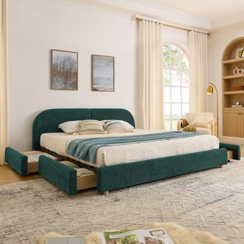 King Size Upholstered Bed Frame with Tall Curved Headboard, Modern Minimalist Platform Bed with 4 Wheeled Drawers, Storage Bed for Master Bedroom, Green