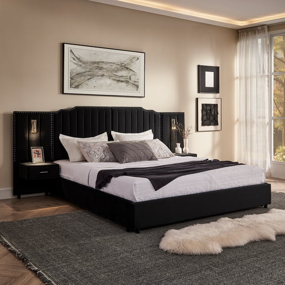 King Size Upholstered Bed Frame with Velvet Fabric, Vertical Stripe Design with Buttons Around King Size Platform Bed with Headboard, Solid Frame & Bedside Table - No Box Spring Needed-Black