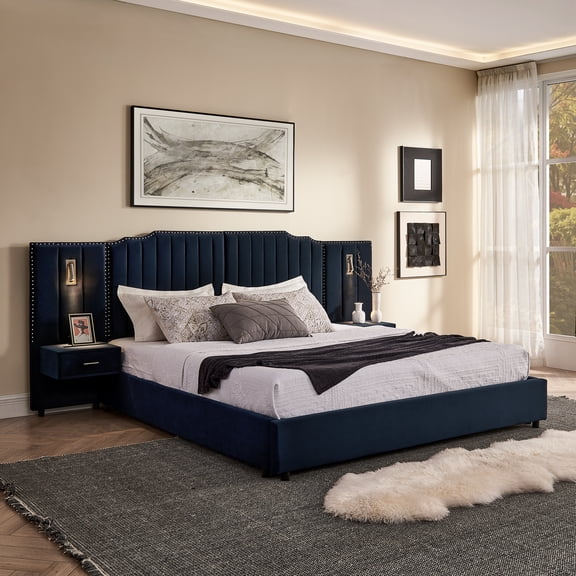 King Size Upholstered Bed Frame with Velvet Fabric, Vertical Stripe Design with Buttons Around King Size Platform Bed with Headboard, Solid Frame & Bedside Table - No Box Spring Needed-Dark Blue