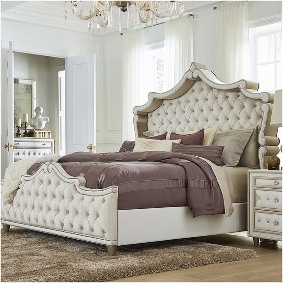 King Size Upholstered Bed Frame with Wingback Headboard, Diamond Tufted Velvet Fabric, Elegant French Provincial Design with Crystal Buttons and Nailhead Trim