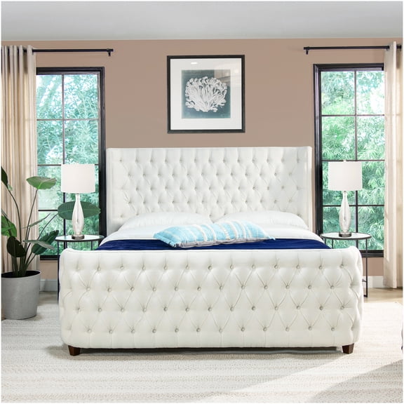 King Size Upholstered Bed Frame with Wingback Headboard and Footboard, Antique White Fabric Platform Bed with Wood Slat Support, No Box Spring Required