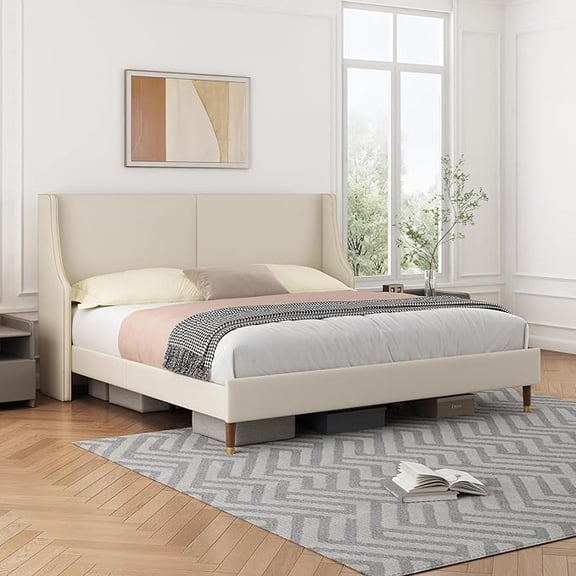 Zanmintaobo King Platform Bed Frame, Upholstered Wingback Headboard with Gold Trim, No Box Spring Needed, Heavy Duty Support, Easy Assembly, Beige