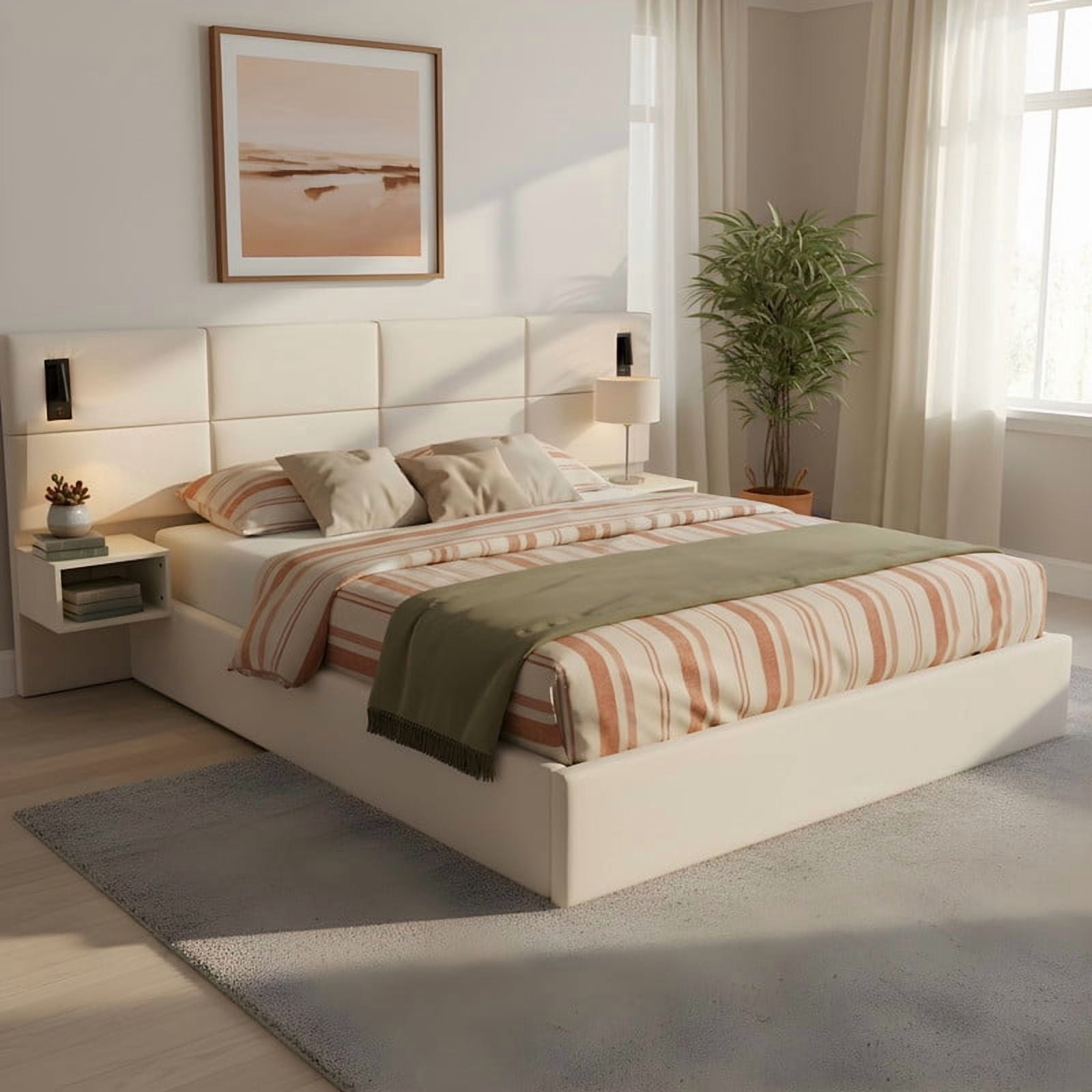 King Size Upholstered Bed Frame with 2 Reading Lights on Large Headboard, Storage Platform Bed Frame with 2 Open Shelves