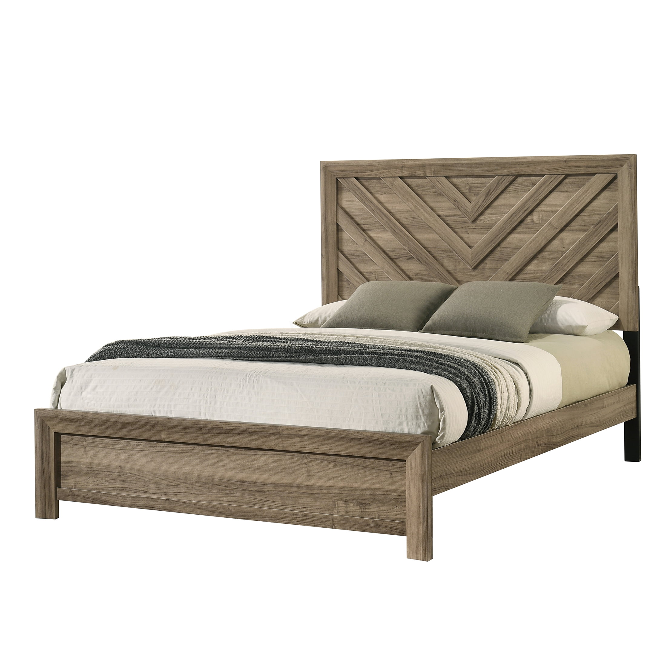 King Size Upholstered Bed Frame with Chevron Headboard, Modern Light Brown Wood Panel Platform Bed for Master Bedroom