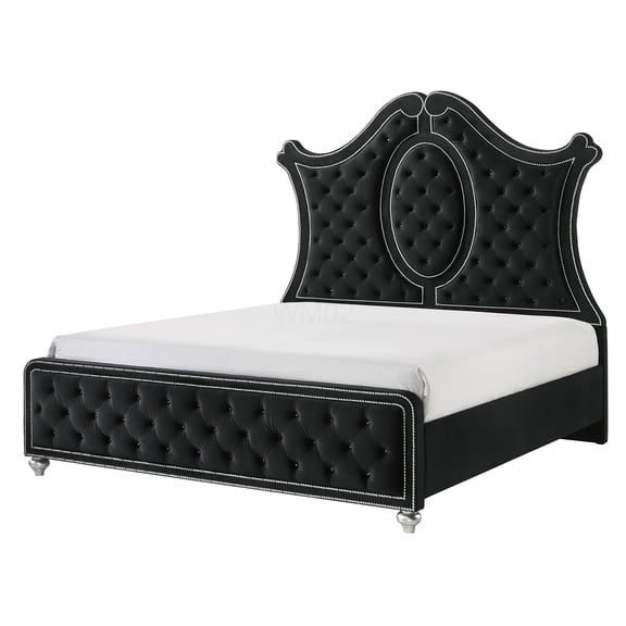 King Size Upholstered Bed Frame with Diamond Tufted Headboard, Nailhead Trim and Channel Panel, Black
