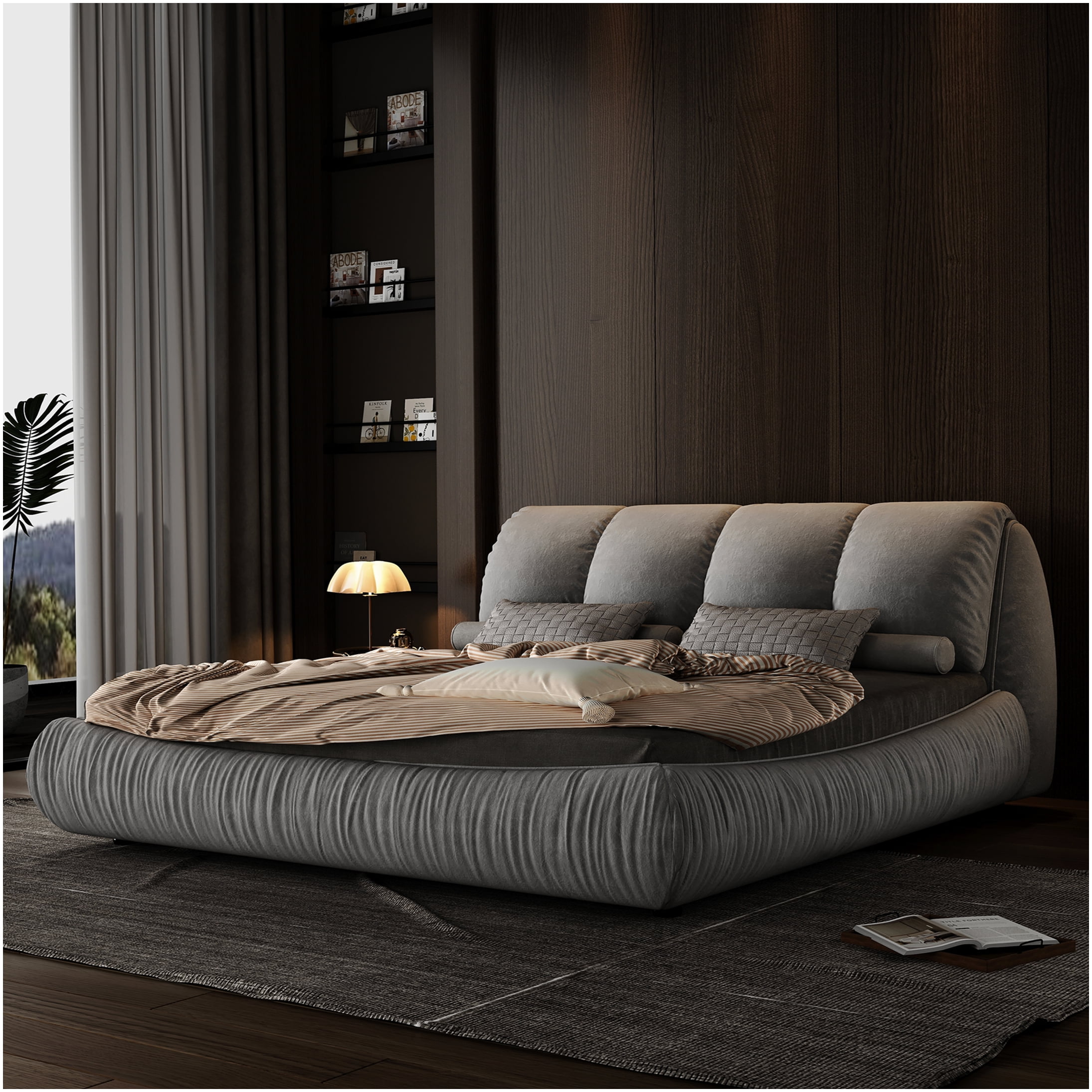 King Size Upholstered Bed Frame with Headboard, Grey Fabric Platform Bed, No Box Spring Needed, Heavy Duty Support