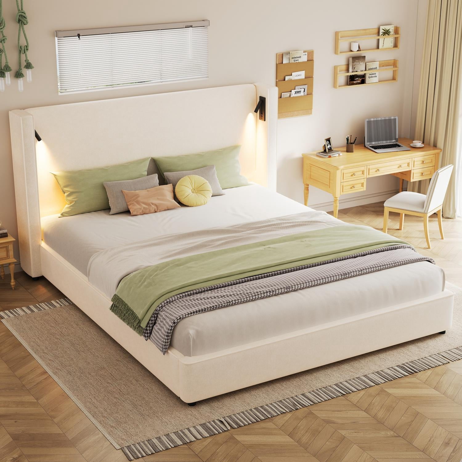 King Size Upholstered Bed Frame with High Wingback Headboard, Adjustable Reading Lamp & USB Port, Platform Bed with Wood Slats, Beige