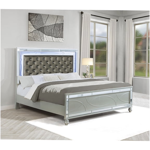 King Size Upholstered Bed Frame with LED Headboard, Silver Metallic Platform Bed, No Box Spring Required