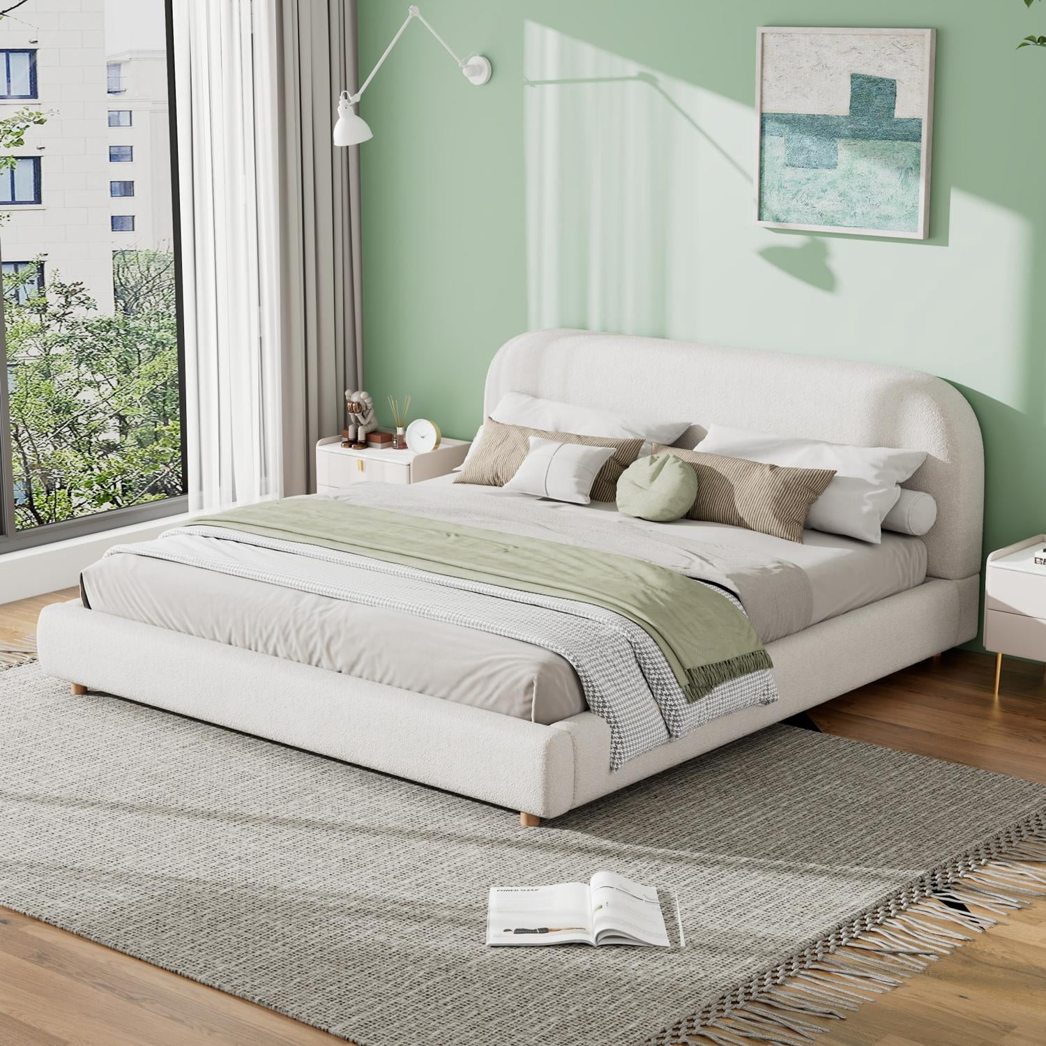 King Size Upholstered Bed Frame with Soft Boucle Fabric, Curved Thick Padded Headboard & Solid Wood Legs, Platform Bed for Bedroom, White