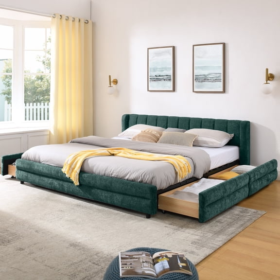 King Size Upholstered Bed Frame with Storage Drawers - Blue+Green (86.5'' x 84'' x 29.5'')