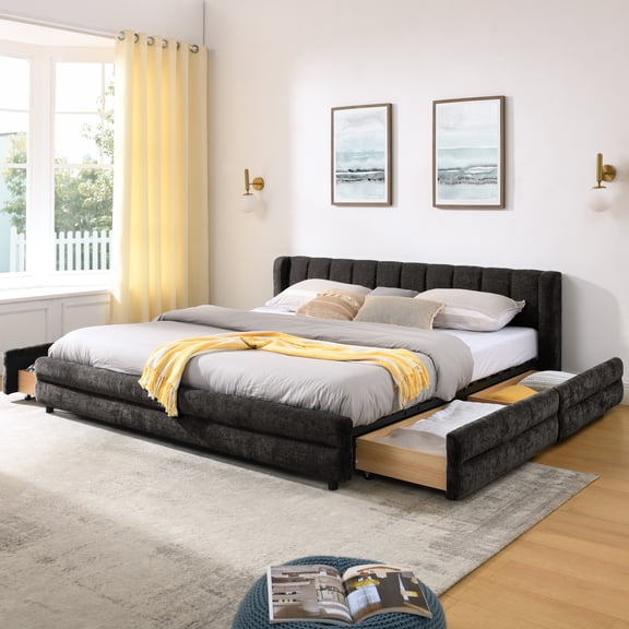 King Size Upholstered Bed Frame with Storage Drawers - Dark Gray 86.5'' Queen Bed Frame with Headboard