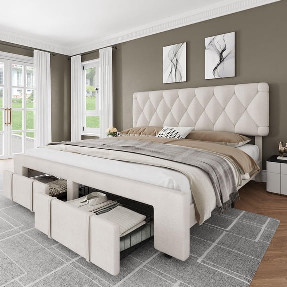 King Size Upholstered Bed Frame with Storage Drawers and Wooden Slats in Beige