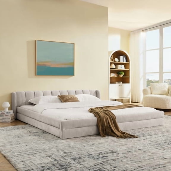 King Size Upholstered Bed Frame with Thick Fabric, Comfortable Upholstered Bed Frame, Chenille Fabric, with Headboard and Solid Bed Frame, Beige