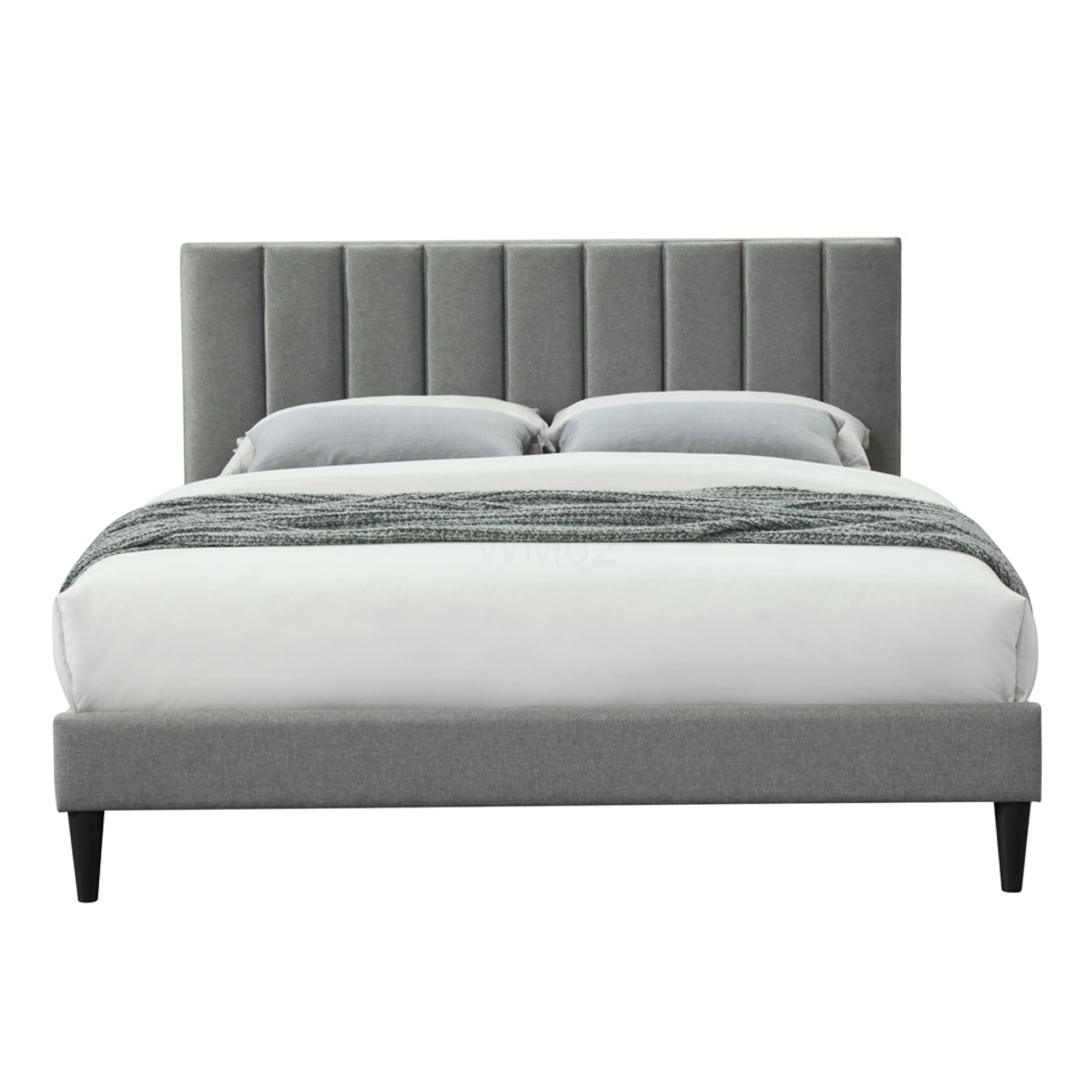 King Size Upholstered Bed Frame with USB Ports, Channel Tufted Headboard, Gray Fabric Platform Bed