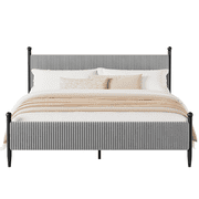 King Size Upholstered Bed Frame with Velvet Headboard, Soft Corduroy Fabric Platform Bed with Wooden Slats Support, No Box Spring Needed, Grey